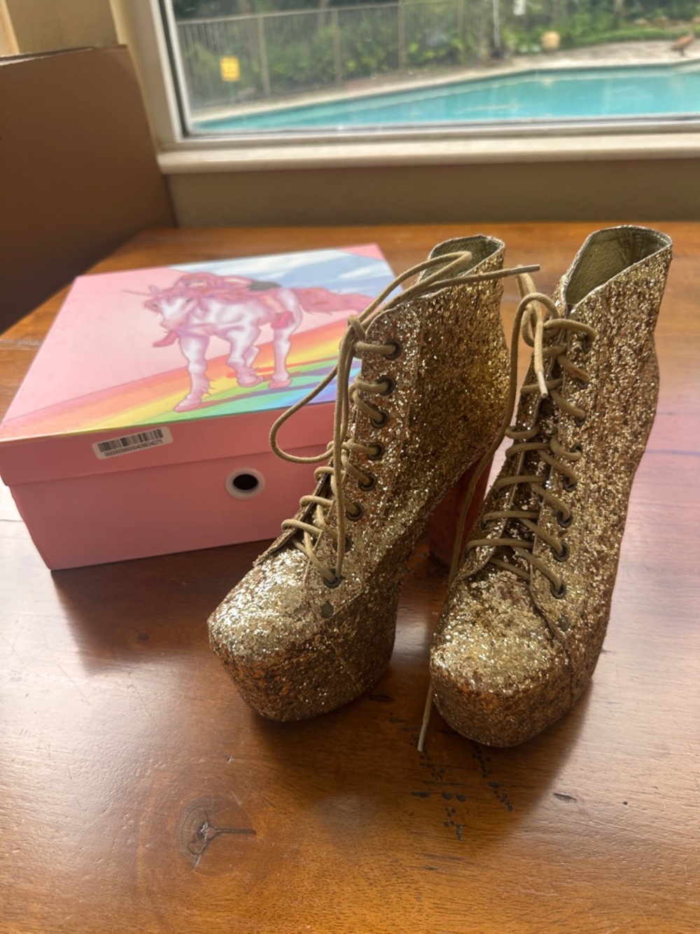 Jeffery Campbell Lita Gold Glitter Platform Lace-Up Ankle Boots